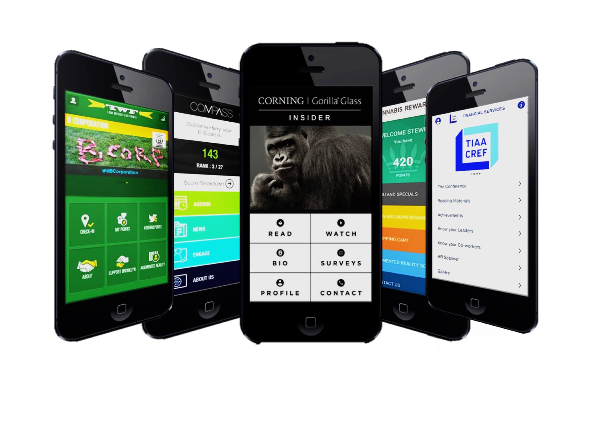 Mobile app experiences for Corning Gorilla Glass, TIAA, Compass, and other brands