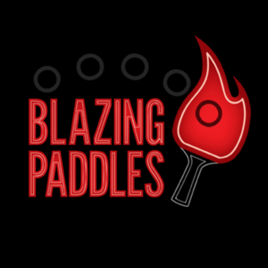 Blazing Paddles red lettering and flaming paddle logo