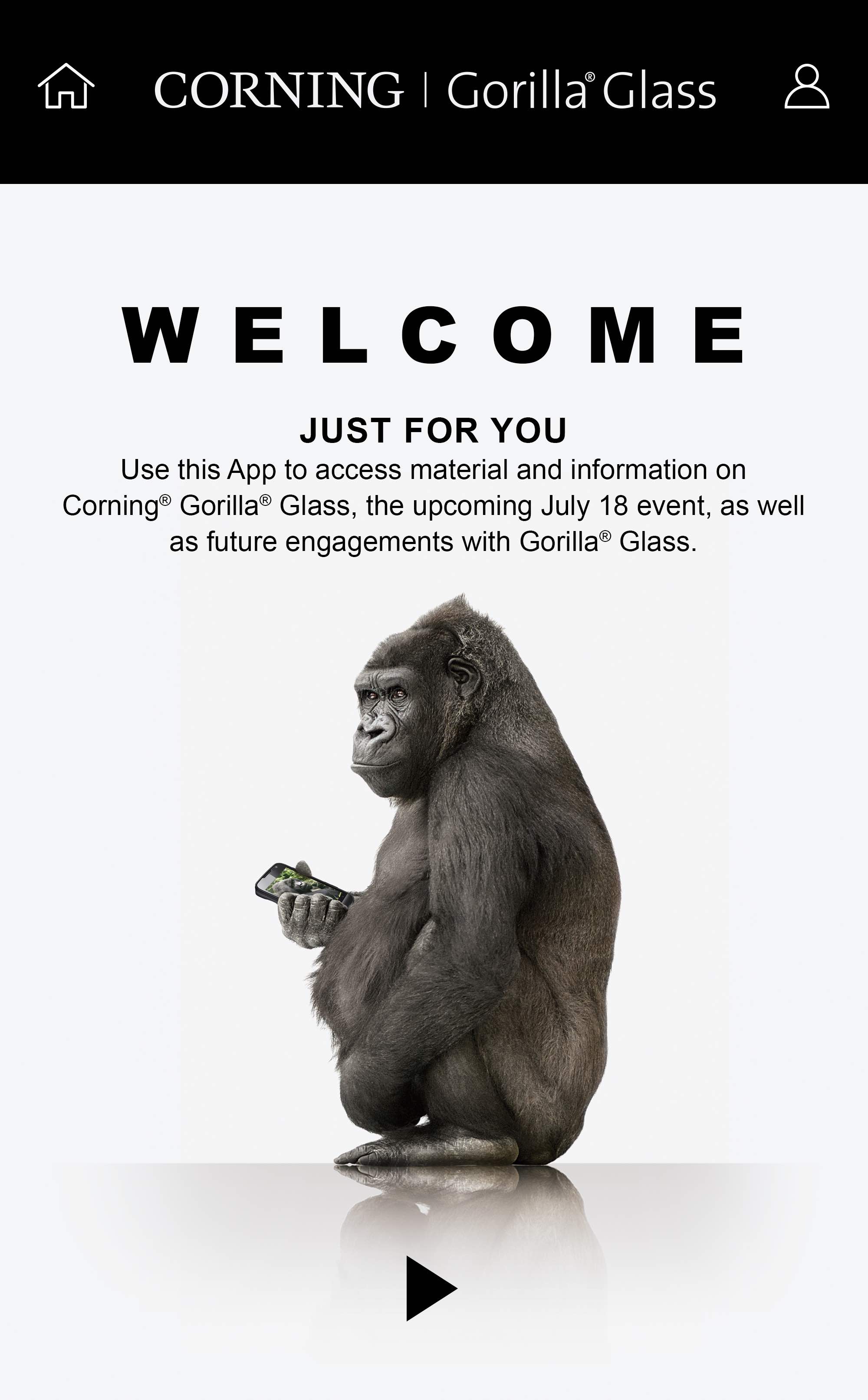 Corning Gorilla Glass — mobile event welcome screen