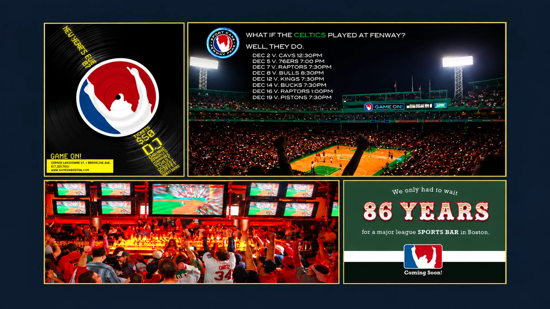 Game On montage featuring four images: vinyl-record campaign, 86 Years launch creative, sports-bar crowd, and Celtics at Fenway campaign