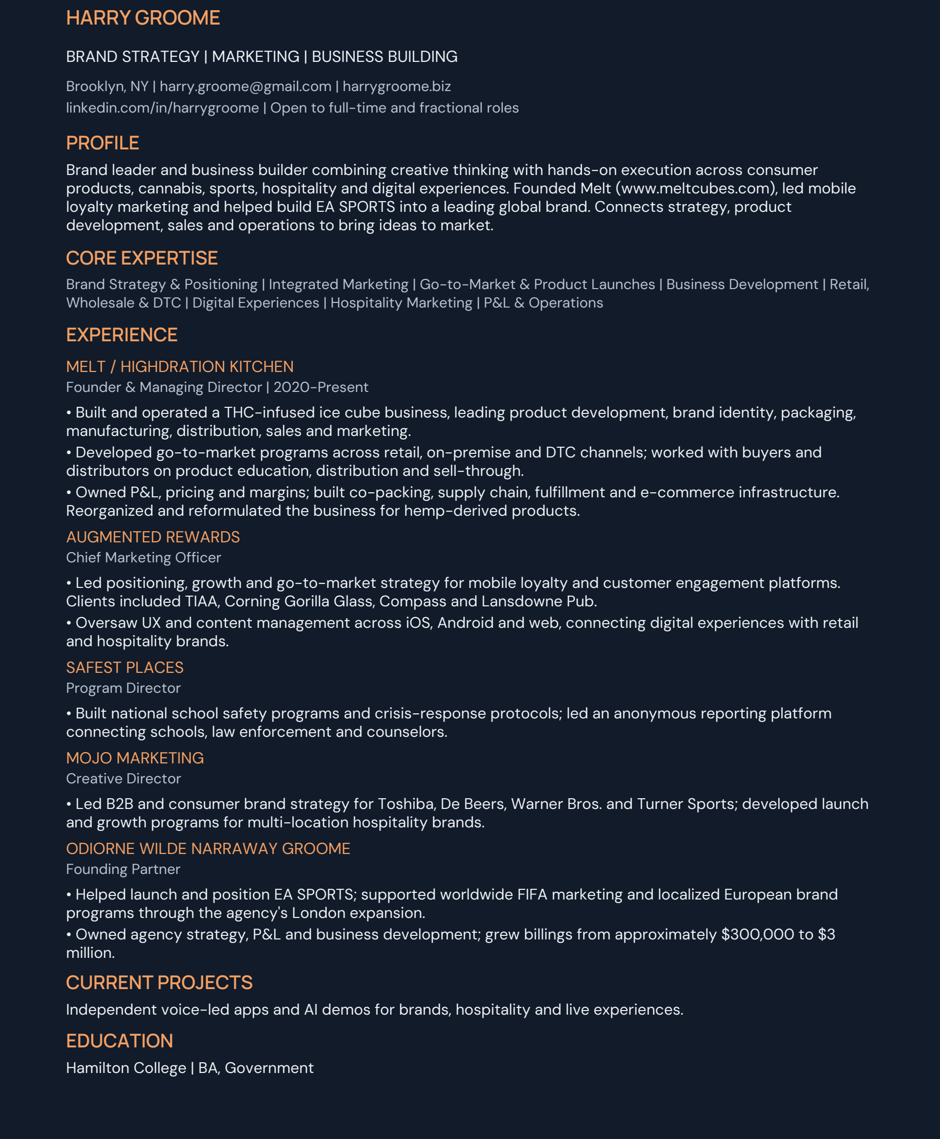 Harry Groome resume — Brand Strategy, Marketing and Business Building