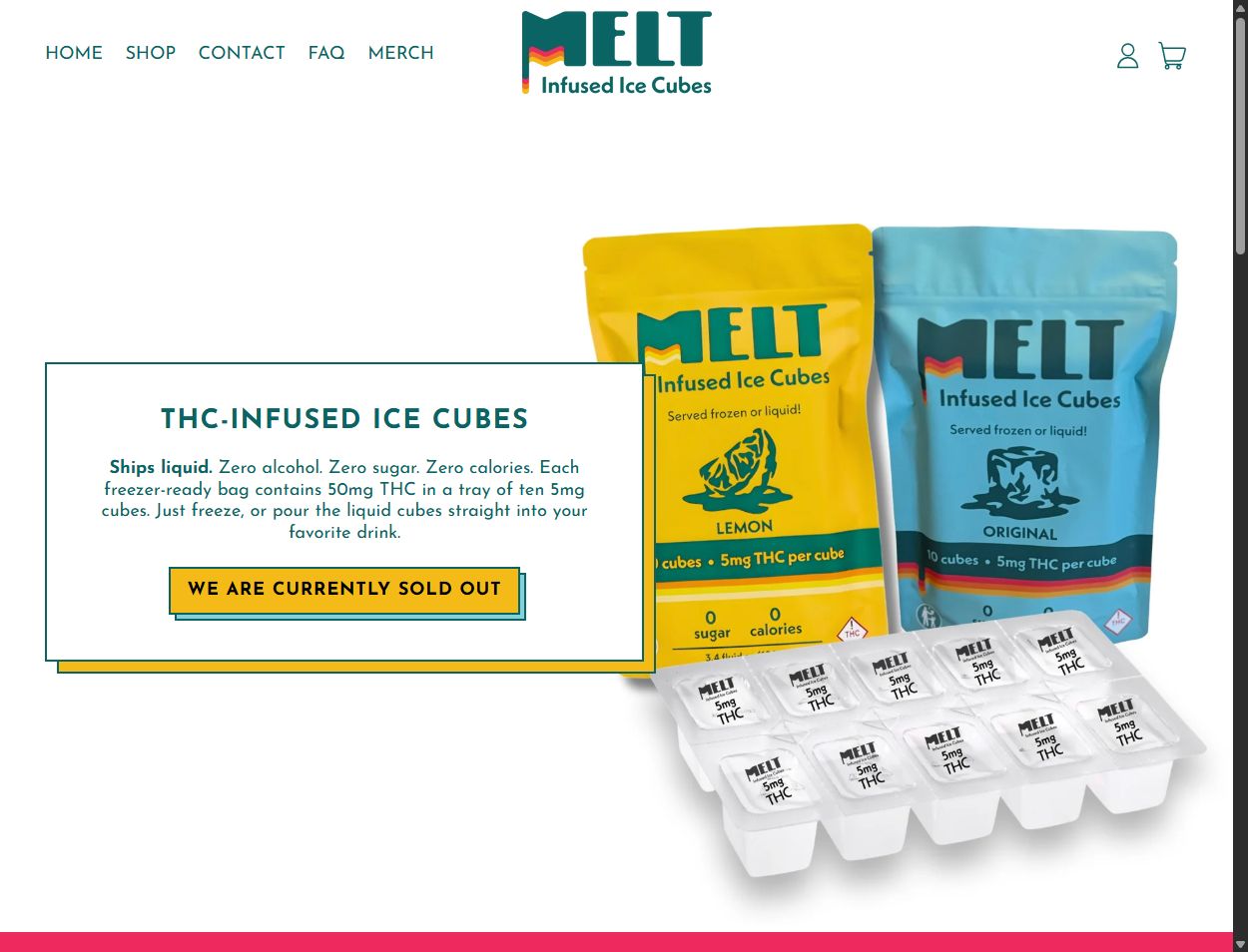 MELT homepage showing Original and Lemon packaging and the ten-cube tray